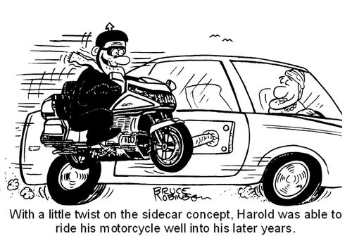 With a little twist on the sidecar concept, Harold was able to  ride his motorcycle well into his later years. 