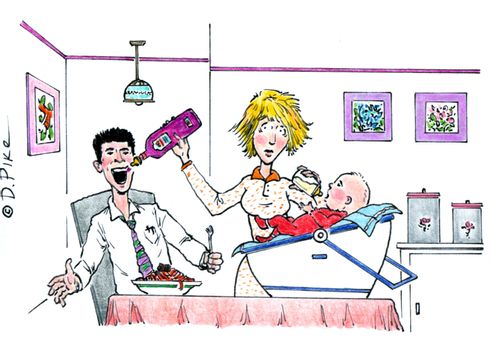 Mom simultaneously feeds baby his bottle, and husband his.