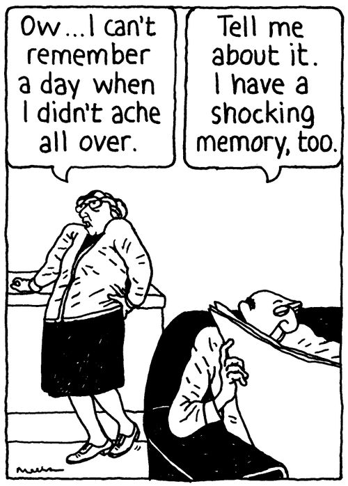 'Ow... I can't remember a day when I didn't ache all over.' 'Tell me about it. I have a shocking memory, too.'