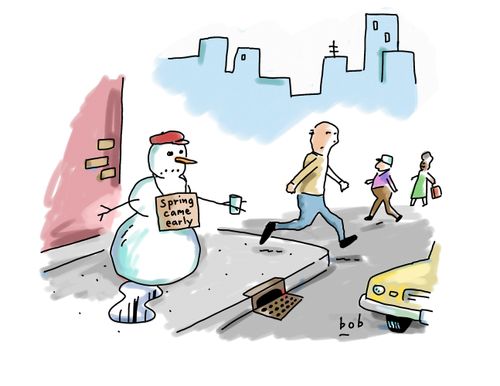 Snowman panhandles for change, early spring.