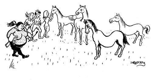Miserable horse looking at fat woman who is heading straight for him.