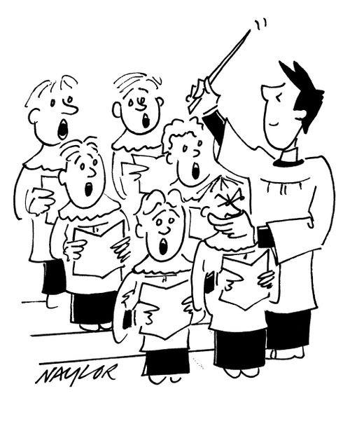 Choirmaster conducting, with one hand over a choirboy's mouth.
