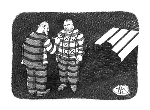 Prisoners playing tic-tac-toe.