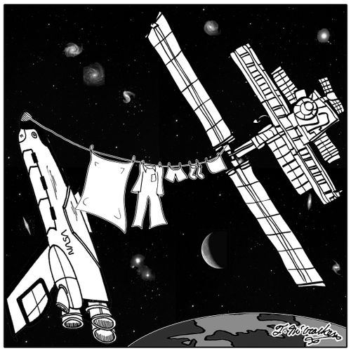 Laundry hangs on a clothesline between the International Space Station and the Space Shuttle.