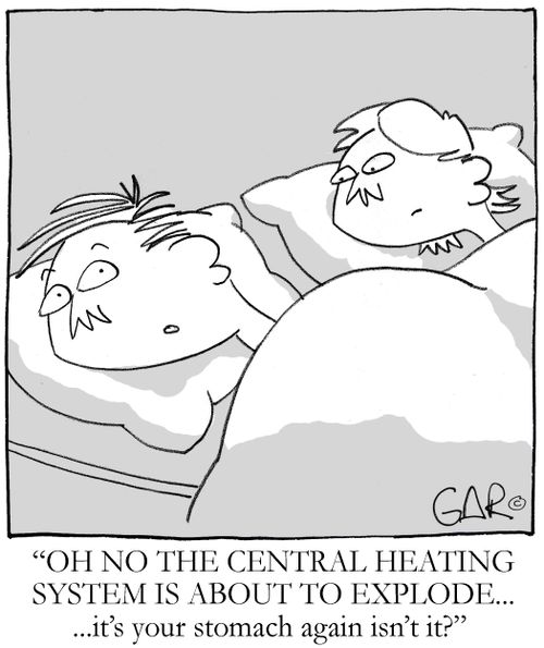 "Oh no the central heating system is about to explode...it's your stomach again, isn't it?"