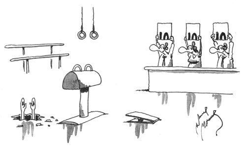 Judges using half scorecards for a gymnast who crashed through the floor.