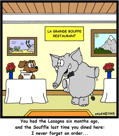 'You had the Lasagna six months ago, and the Souffle last time you dined here: I never forget an order...'
