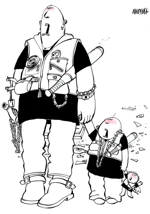 Demonstrator with son.