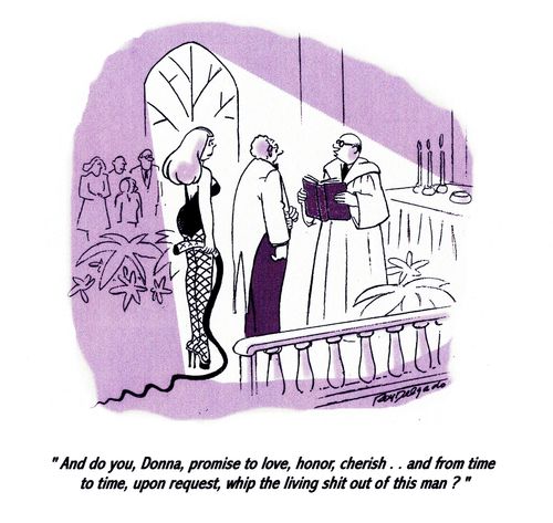 'And do you, Donna, promise to love, honor, cherish... and from time to time, upon request, whip the living shit out of this man?'