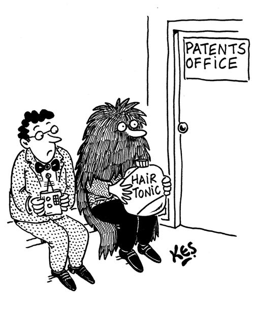 Man with lots of hair, holding a bottle of hair tonic waits outside of the patents office.