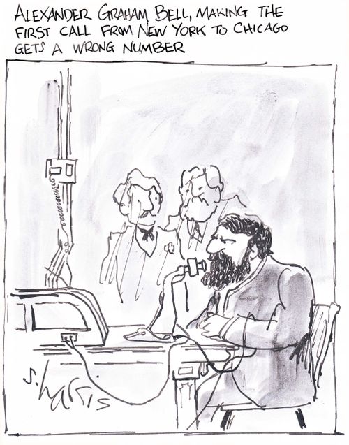 Alexander Graham Bell making the first phone call from New York to Chicago gets a wrong number.