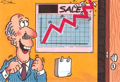 Happy businessman as he watches his sales go above the chart