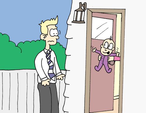 A father comes home from work and is given a baby.