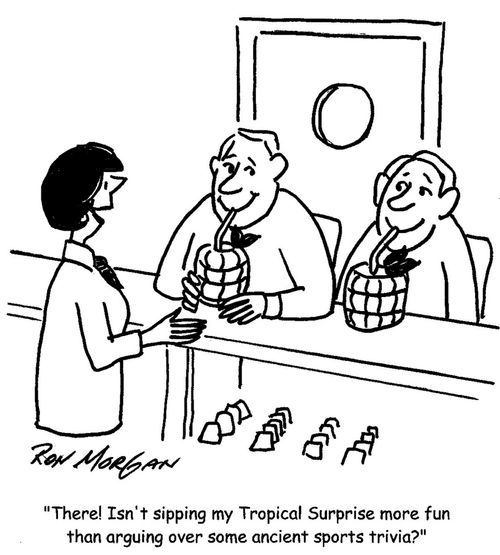 "There! Isn't sipping my Tropical Surprise more fun than arguing over some ancient sports trivia?"