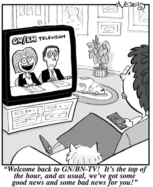 "Welcome back to GN/BN-TV! It's the top of the hour, and as usual, we've got some good news and some bad news for you!"