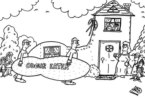 Two workman deliver a giant odour eater to the Old Lady who lives in the shoe.