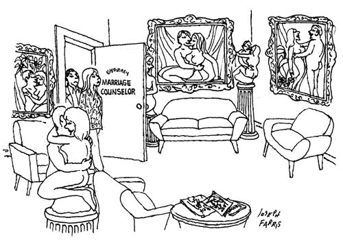 Marriage therapist's office is filled with erotic art.