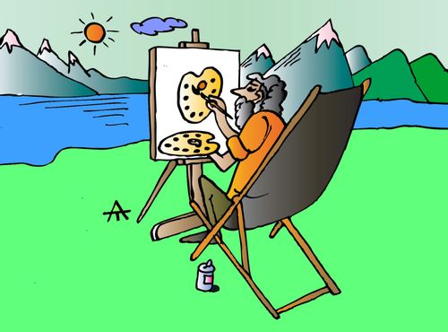 Artist painting his own paints instead of the view.