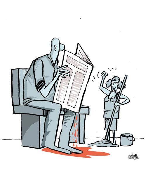 Blood leaks from a newspaper.