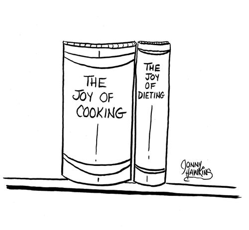 Two books: 'The Joy of Cooking' next to 'The Joy of Dieting'.