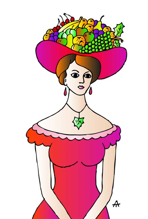 A woman wears a fruit hat.