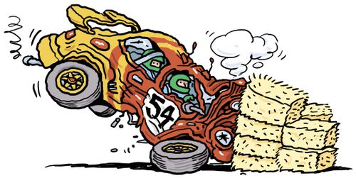 A rally car crashes into hay bales.
