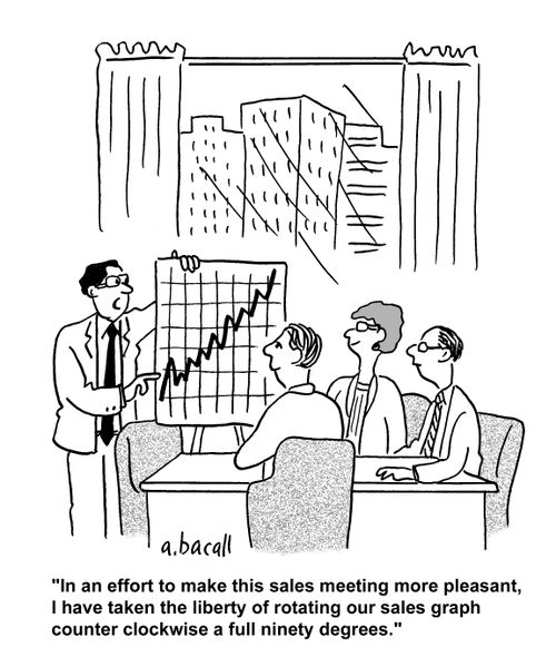 'In an effort to make this sales meeting more pleasant, I have taken the liberty of rotating our sales graph counter clockwise a full ninety degrees,'