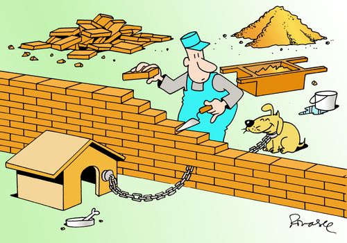 Dog with chain stuck in wall.