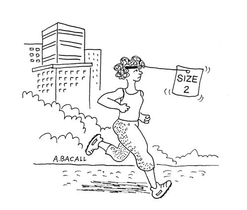 Woman inspiring herself by chasing after a sign that says 'Size 2'.