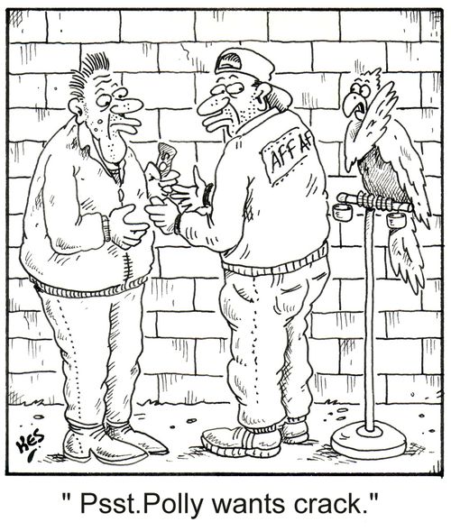 "Psst. Polly wants crack."