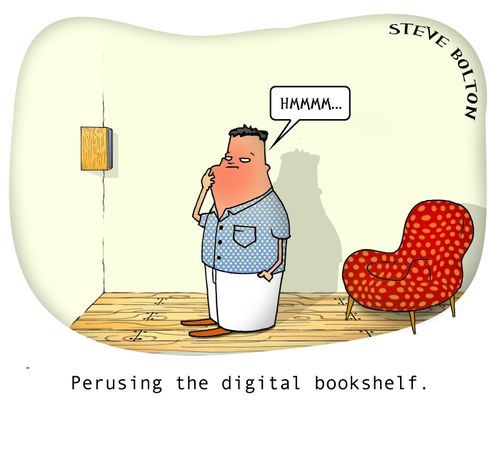 Perusing the digital bookshelf.