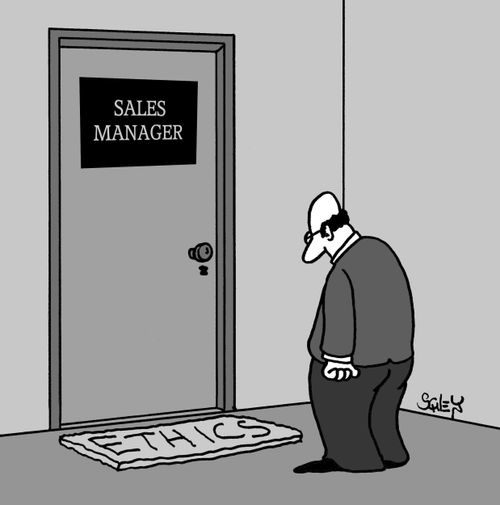 Sales manager has an 'Ethics' doormat.