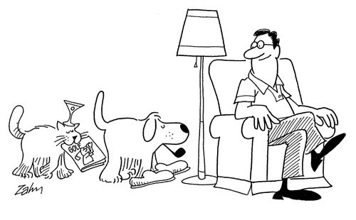 Animals bringing pipe, slippers, and magazine.