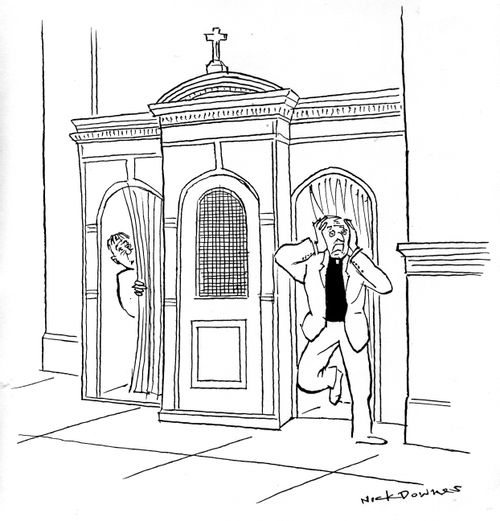 Priest Runs from the Confessions Box.