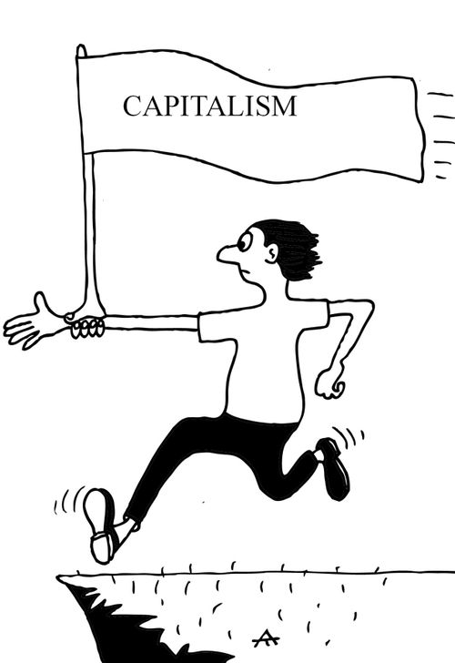 Capitalism runs a man off the cliff edge.