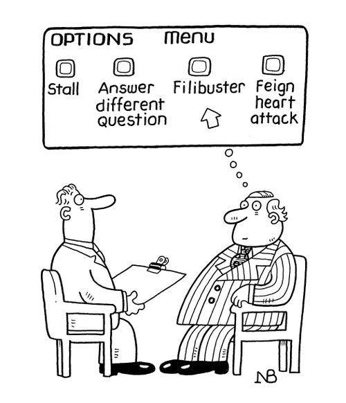 Options Menu: Stall/Answer different question/Filibuster/Feign heart attack.