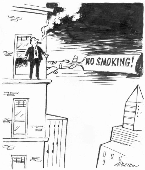 Smoker on window ledge sees a plan with banner reading 'No Smoking!'