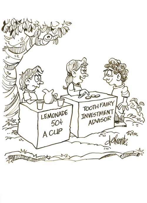 Two kids have stands: one Lemonade the other Tooth Fairy Investment Advisor.