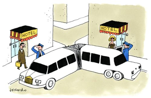 Articulated taxicab serving two hotels.