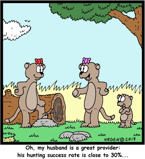 "Oh, my husband is a great provider: his hunting success rate is close to 30%..."