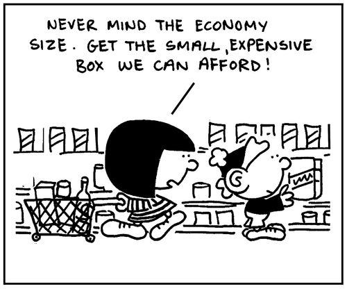 'Never mind the economy size. Get the small, expensive box we can afford.'
