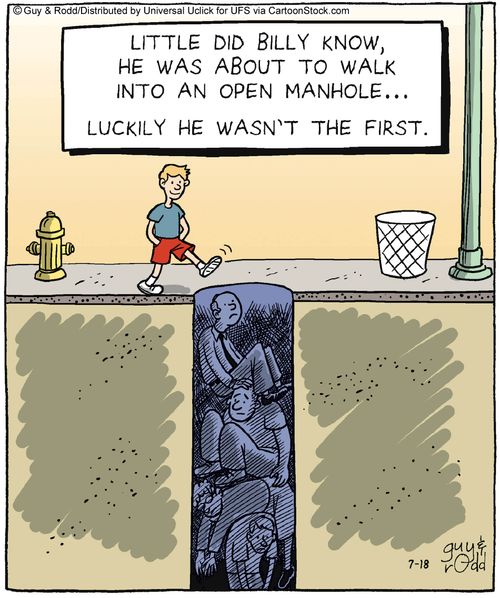 Little did Billy know, he was about to walk into an open manhole. . . luckily he wasn't the first.