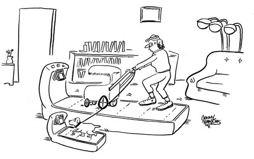 Lady on treadmill pushing baby stroller and walking dog.