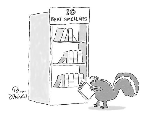 Skunk in library reads from the '10 Best Smellers'.