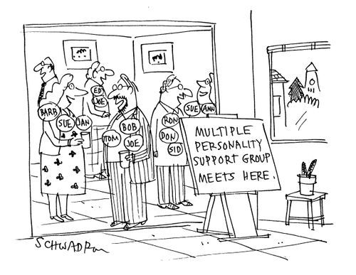 Multiple personality support group meets here (members wearing multiple name badges).