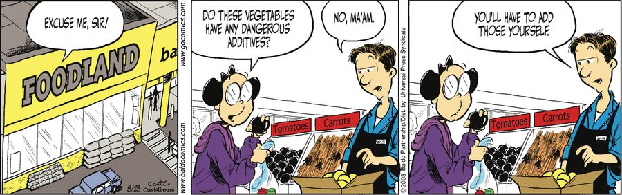 "Excuse me, sir! Do these vegetables have any dangerous additives?"