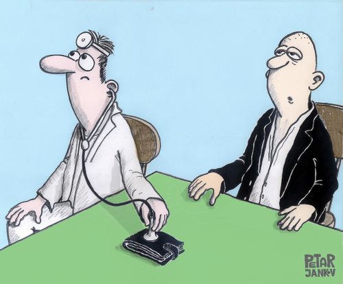 Doctor uses his stethoscope on the patient's wallet.