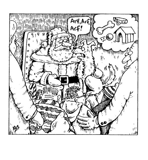 Dog sitting on santas lap telling him what he would like for christmas