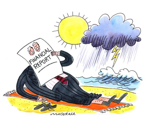 Businessman in suit on beach with financial report and eyes cut out viewing impending storm.