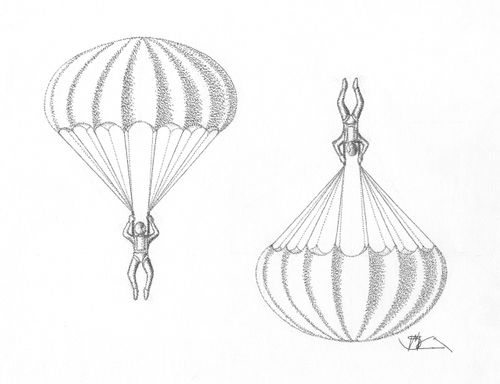 Parachutes Jumpers going in Opposite Directions.